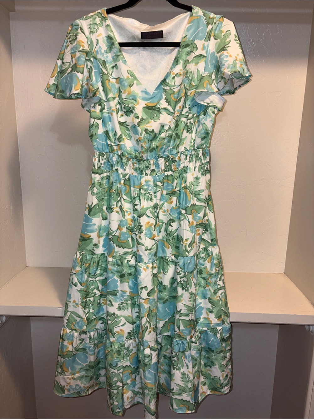 Floral V-Neck Tiered Midi Dress in Green and White